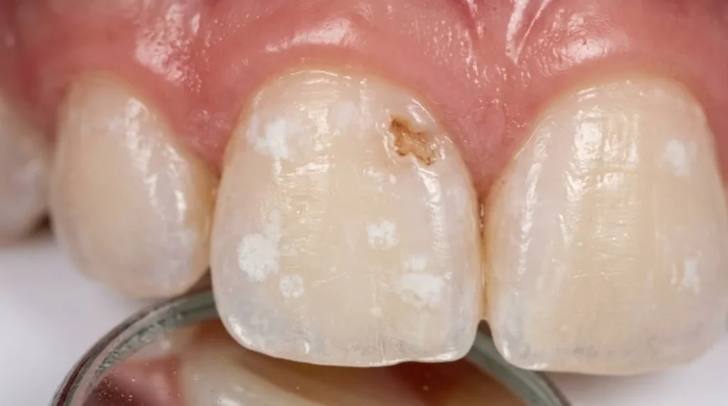 Primo stadio della carie su dente da latte: macchia bianca opaca sullo smalto deciduo