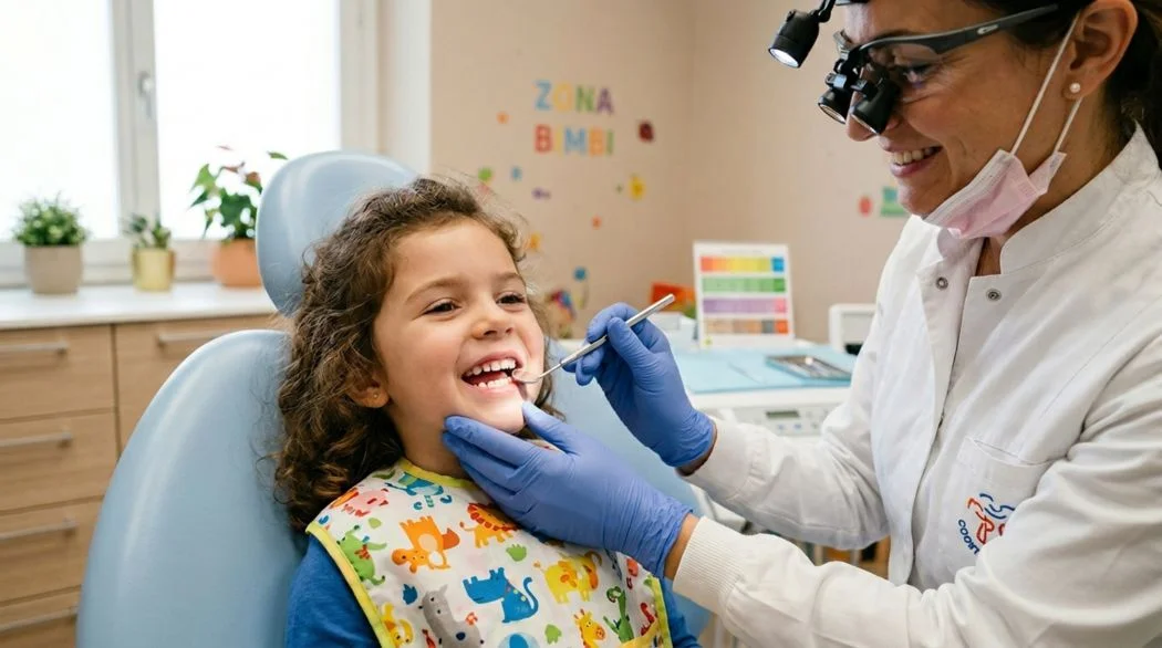 BambinA sorridente durante visita dentistica pediatrica allo Studio Miggiano Rivetti di Prato Sesia