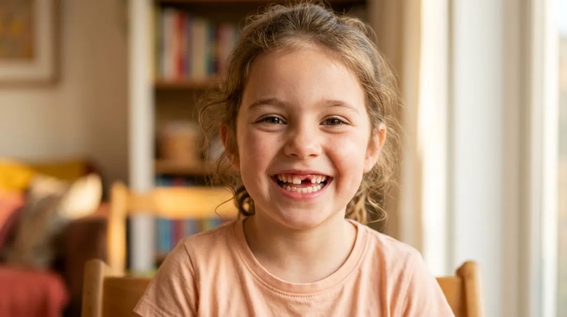 bambina che sorride mostrando il primo dente da latte mancante