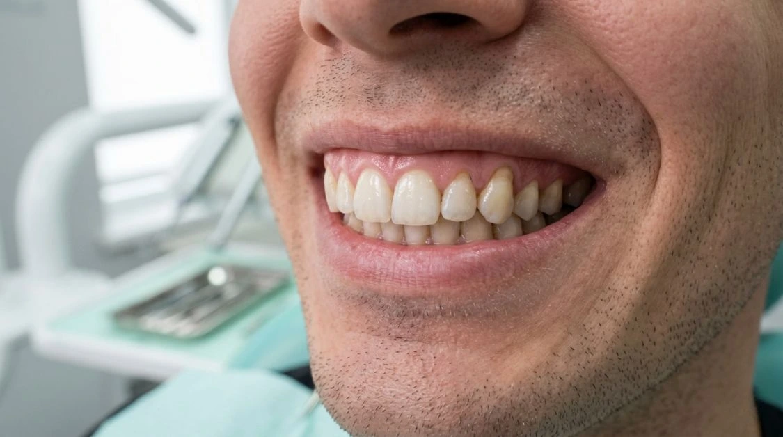 Illustrazione clinica di recessione gengivale con confronto tra gengive sane e gengive ritirate