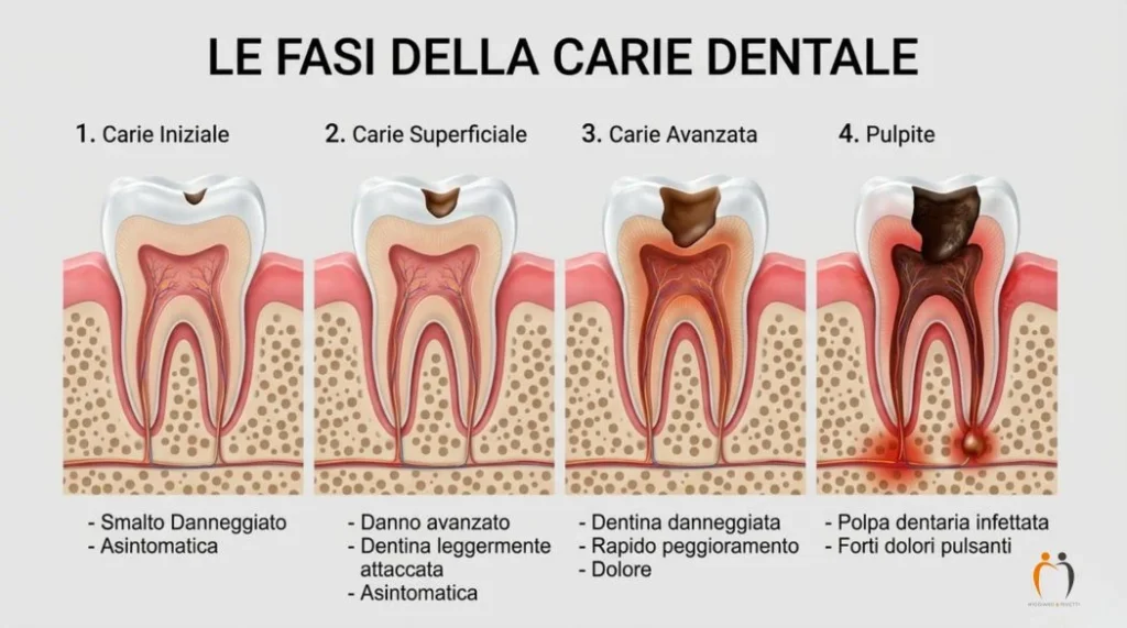 illustrazione delle carie nei denti da latte