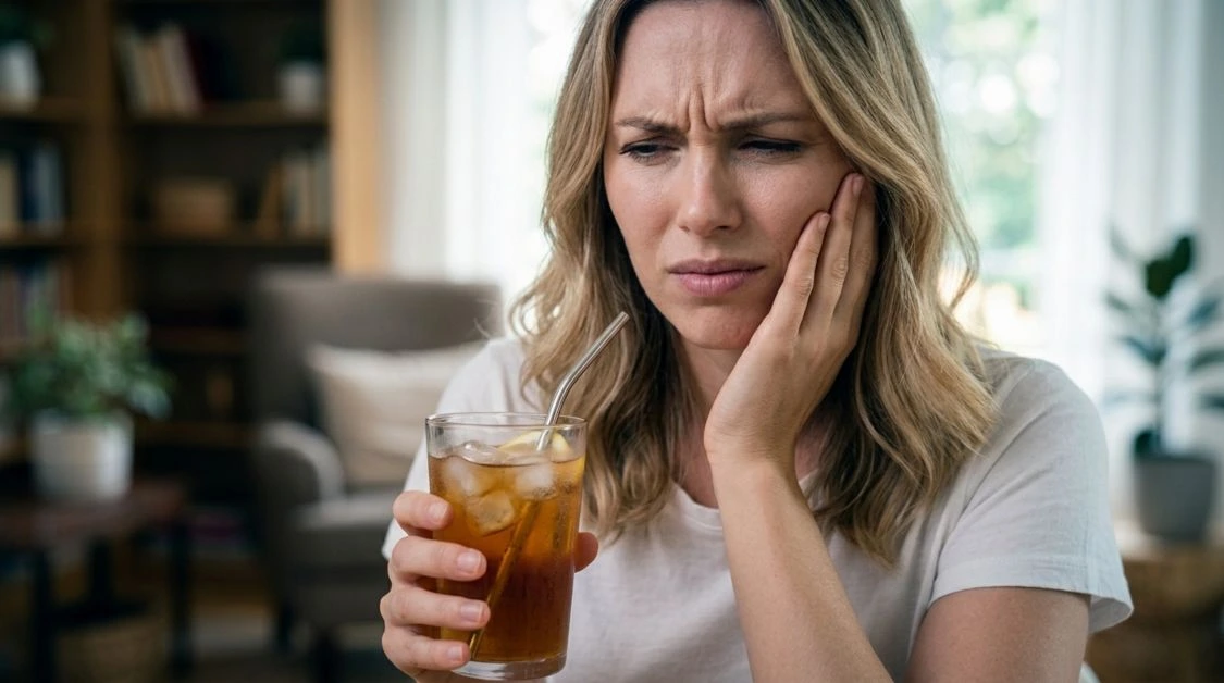 donna che avverte sensibilità dentale al freddo bevendo acqua ghiacciata