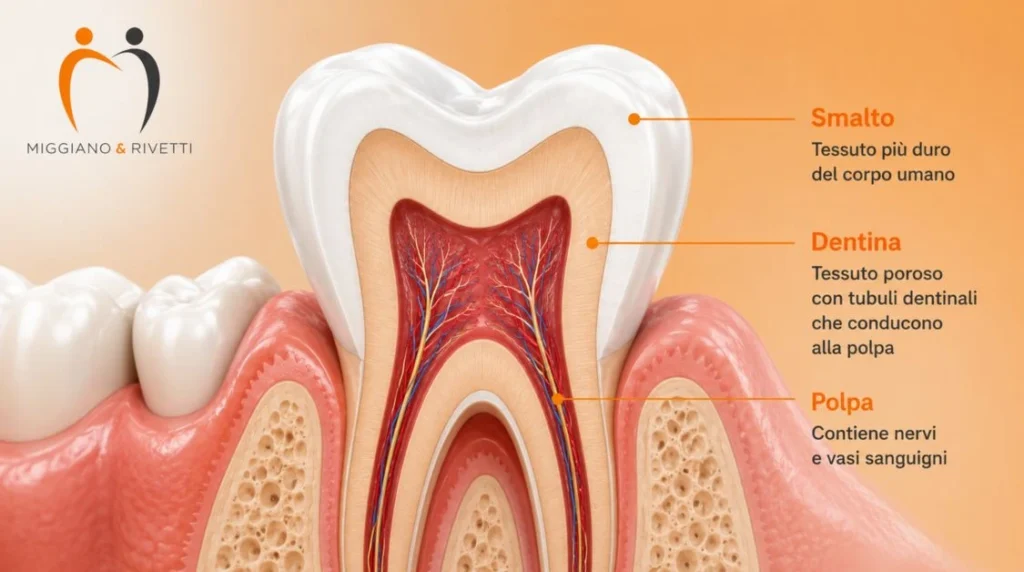 schema anatomico dei tubuli dentinali e della dentina esposta nella sensibilità dentale al freddo