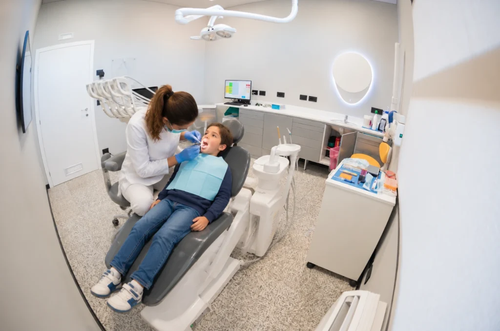 dentista pediatrico che visita un bambino sereno sulla poltrona dello studio dentistico