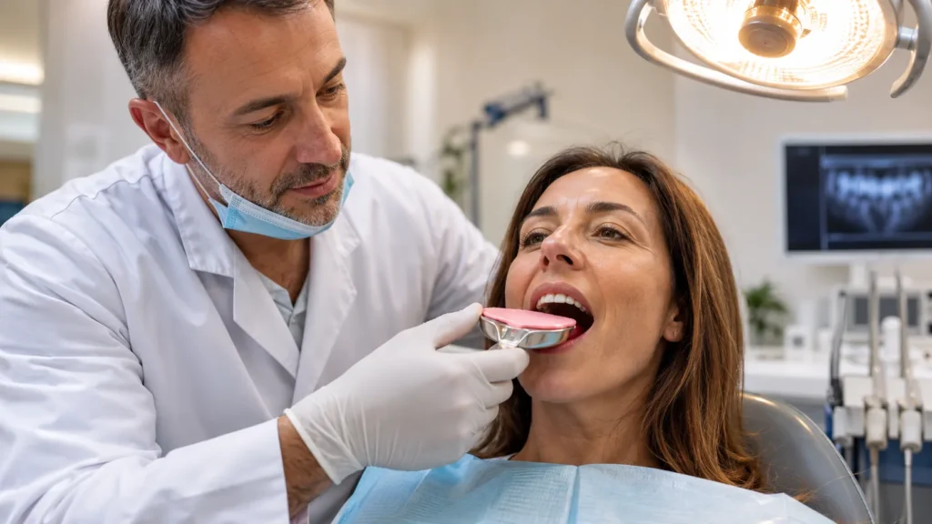 Dentista che prende l'impronta dentale a una paziente per la costruzione del bite personalizzato per malocclusione