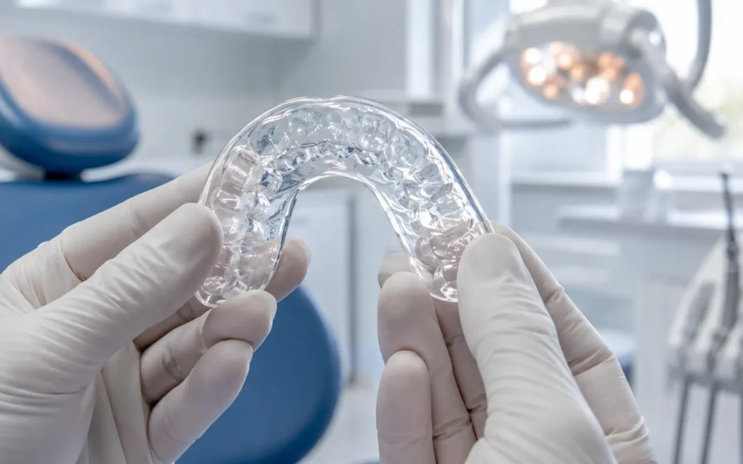 Bite per malocclusione su misura tenuto tra le mani di un dentista con guanti bianchi in uno studio odontoiatrico