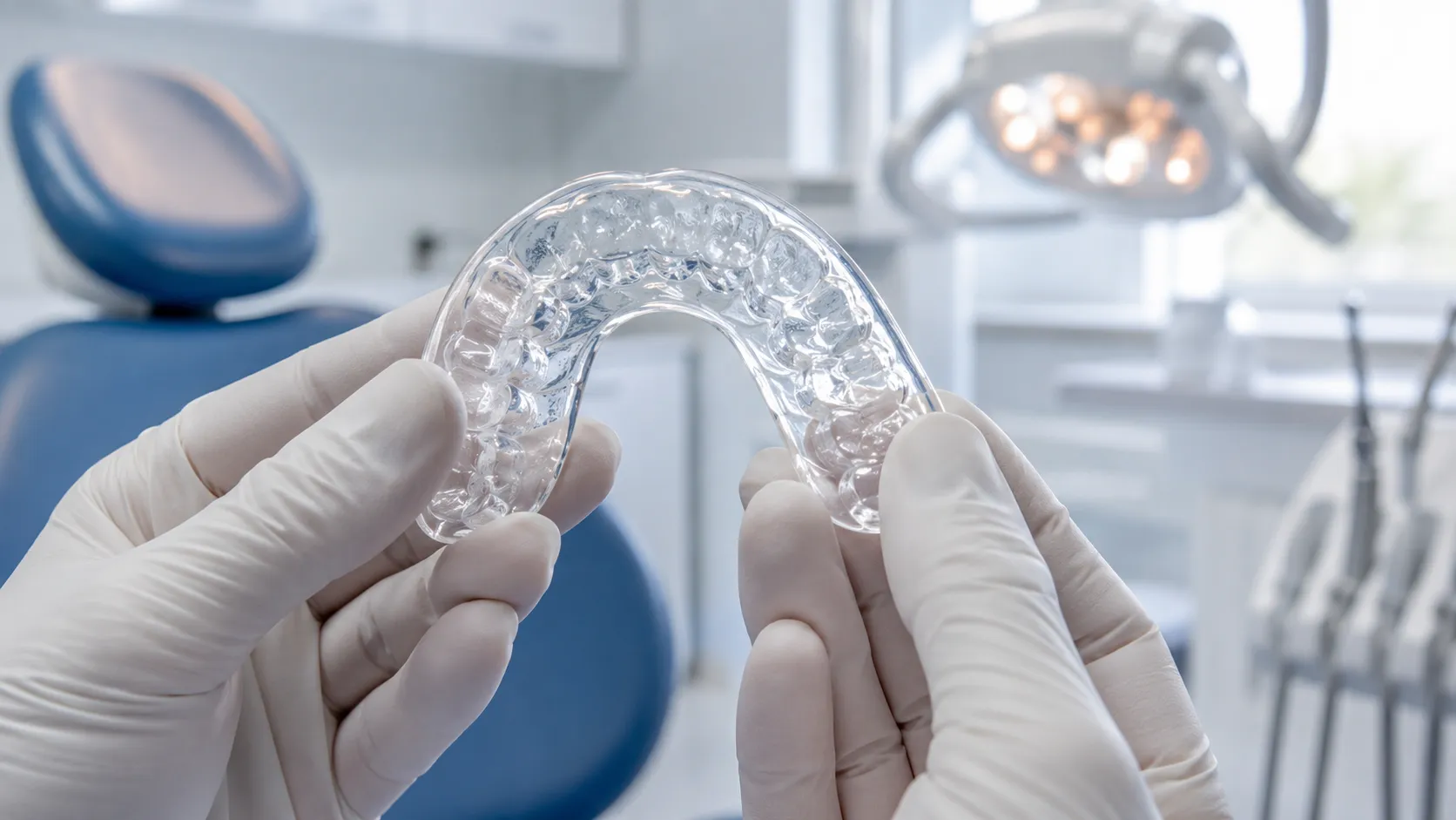 bite-per-malocclusione Bite per malocclusione su misura tenuto tra le mani di un dentista con guanti bianchi in uno studio odontoiatrico