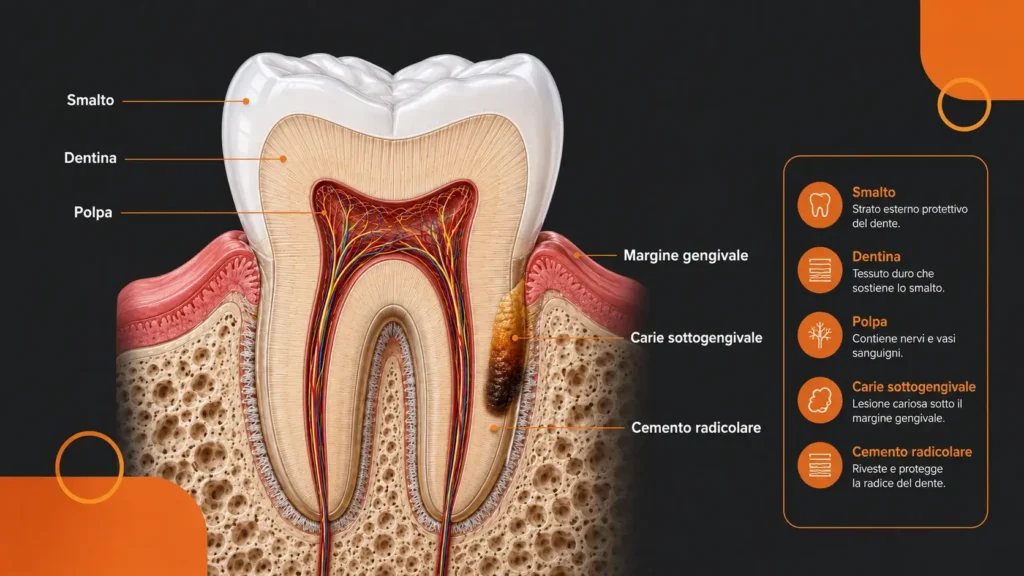 Sezione anatomica del dente con carie radicolare sotto la gengiva