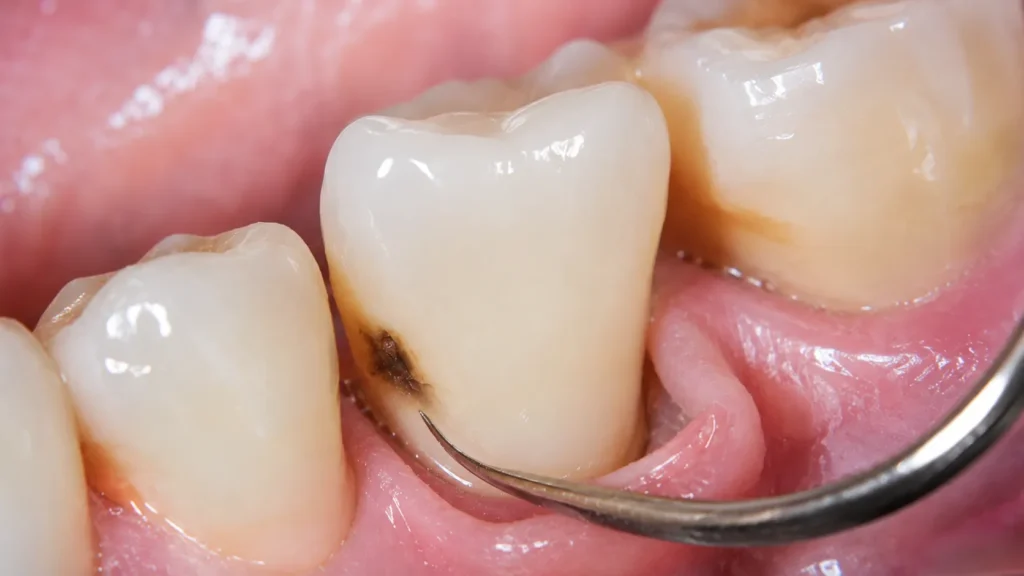 Carie sottogengivale: lesione alla radice del dente al margine gengivale