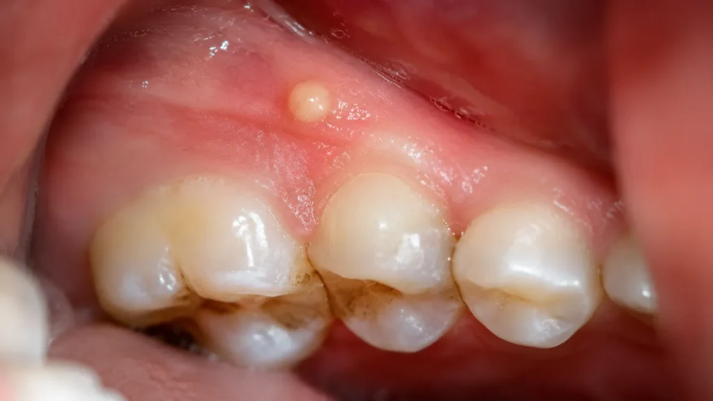 Fistola gengivale su dente da latte in un bambino, segnale tipico di ascesso dentale non trattato