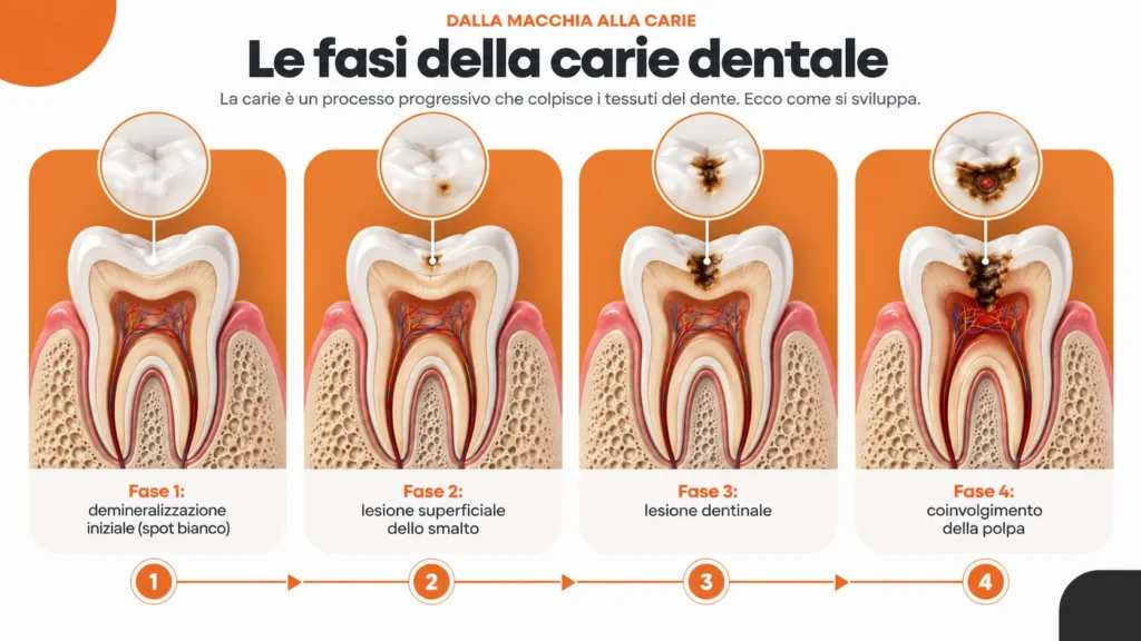 illustrazione in fasi delle stadio delle carie